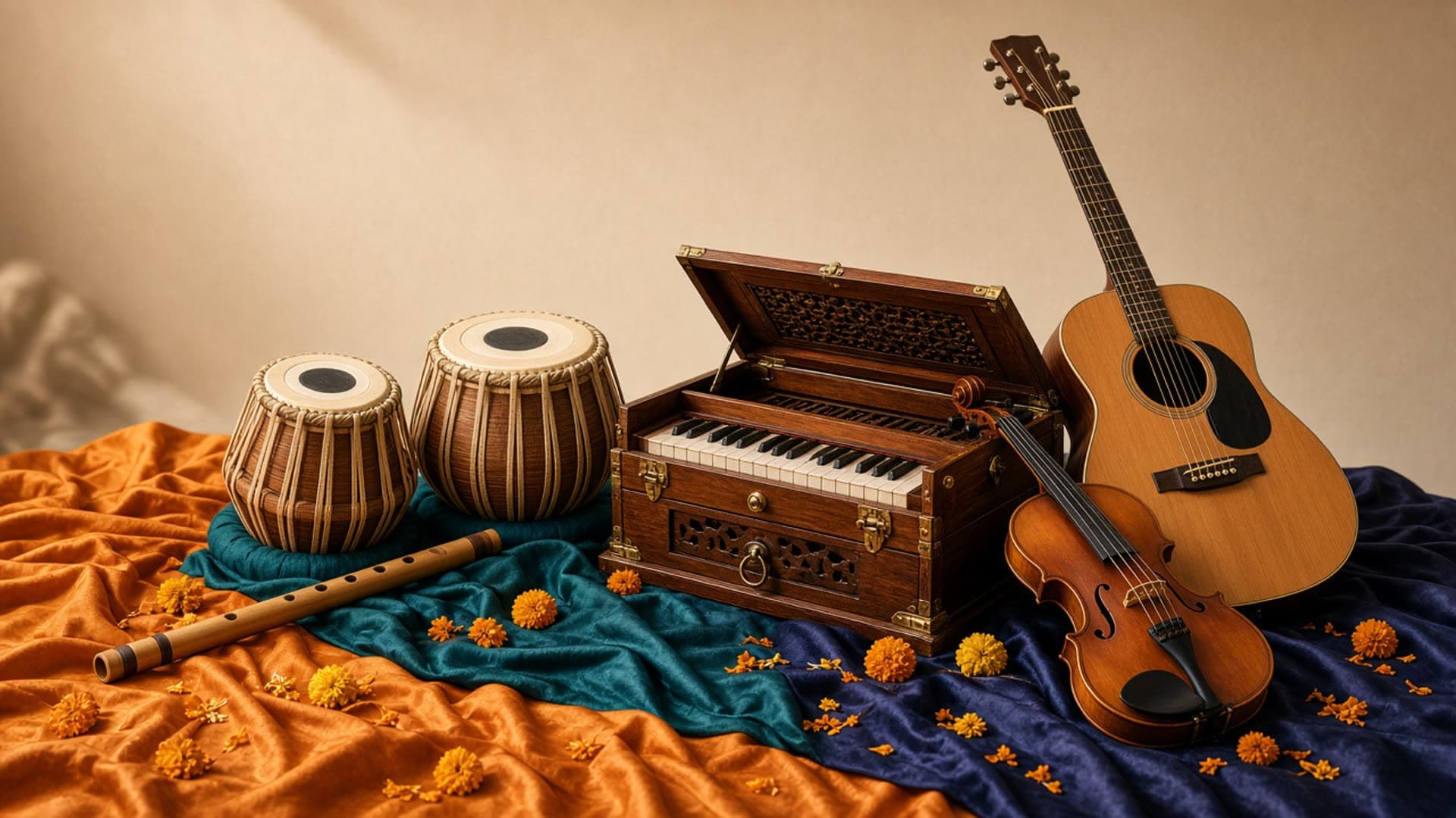 Bansuri, tabla, harmonium, guitar, and violin on saffron, teal, and indigo cloth