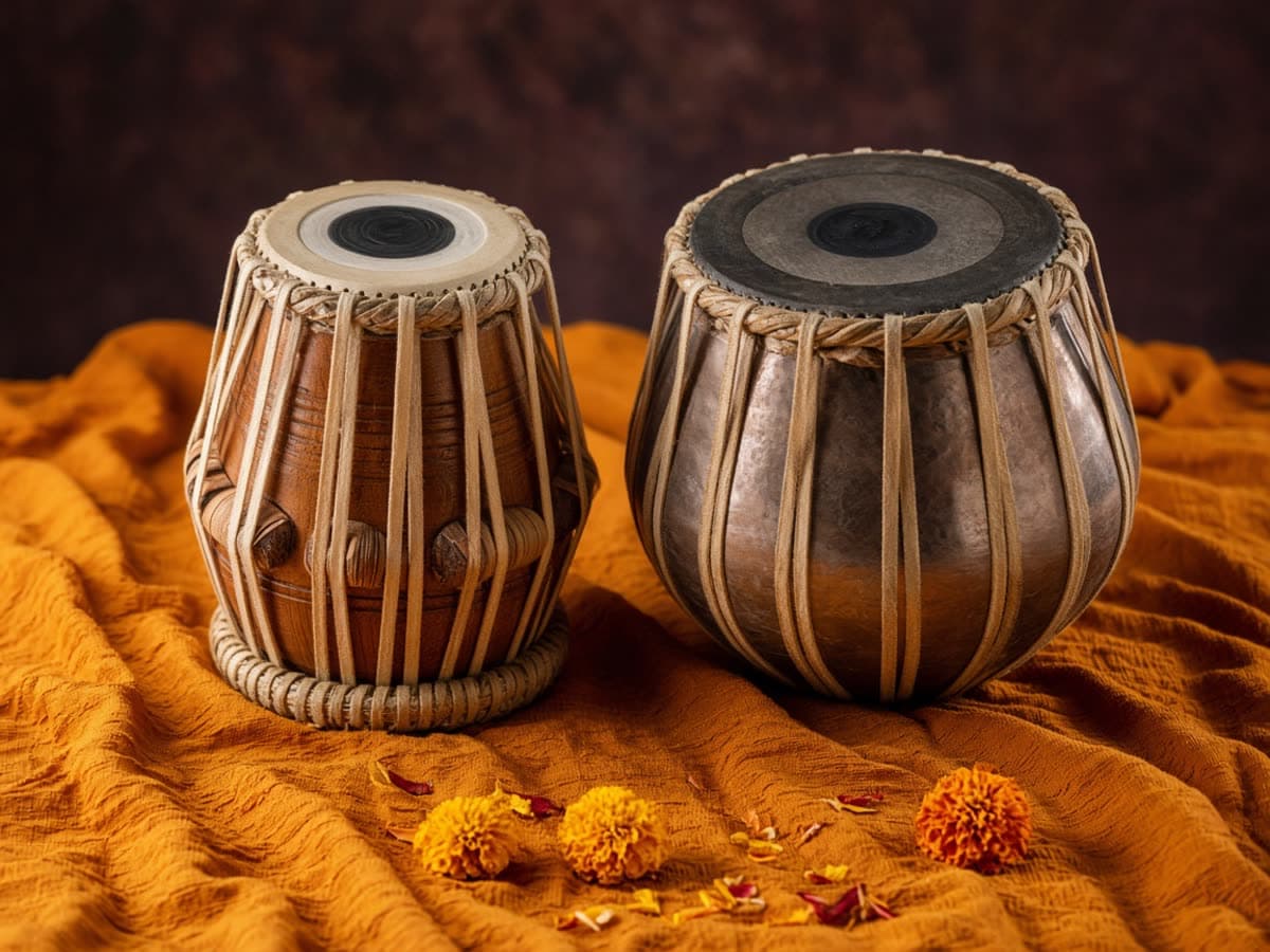 A pair of tabla on saffron cloth