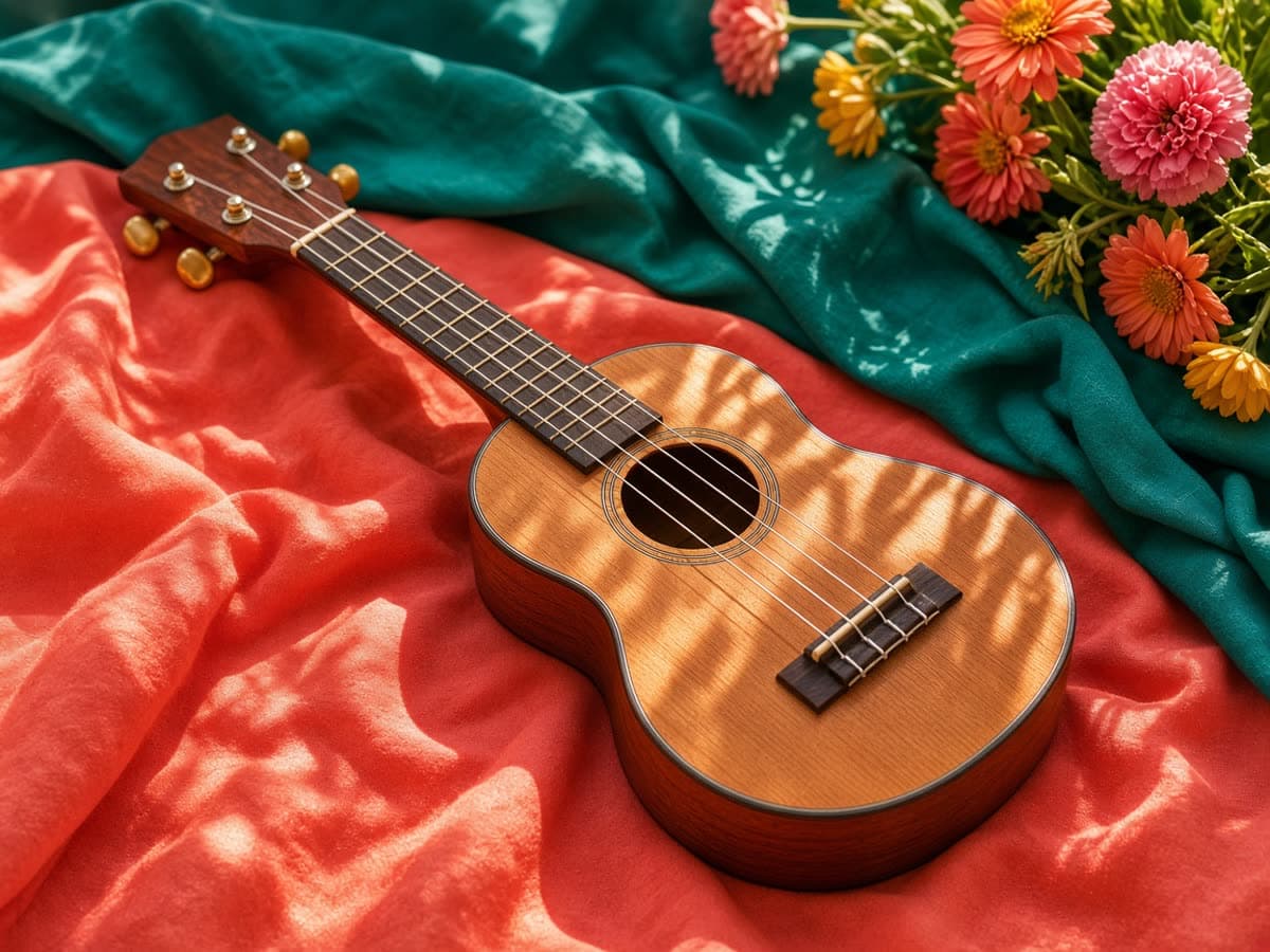 A ukulele on coral and teal cloth