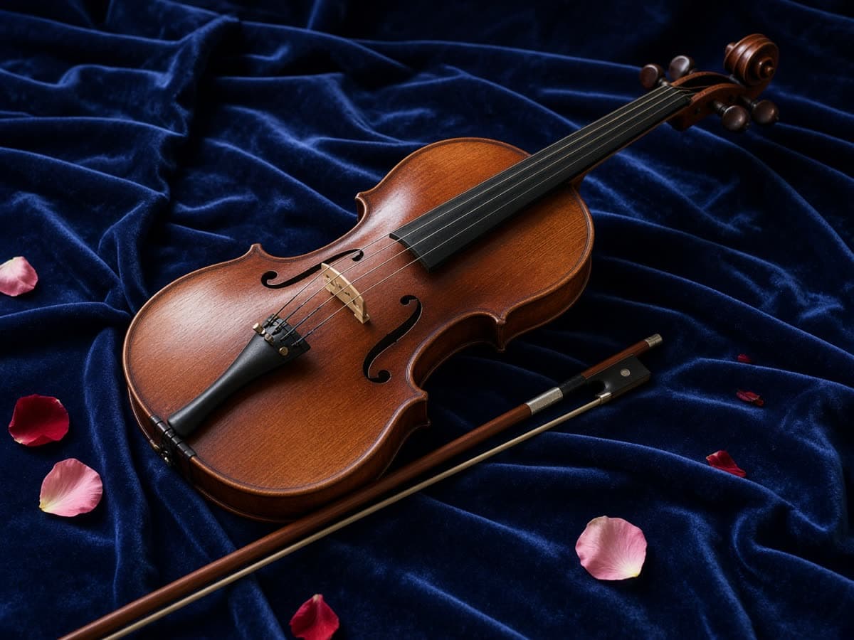A violin and bow on indigo velvet