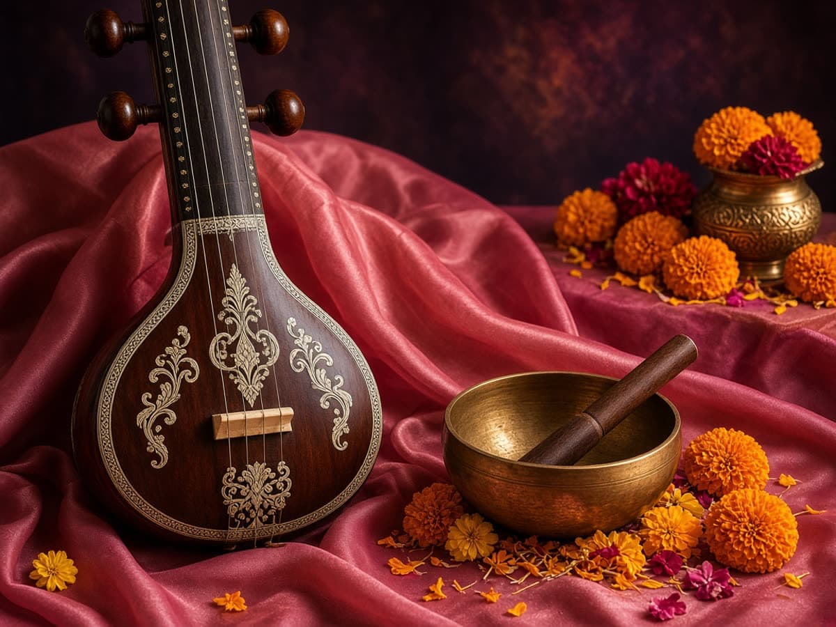 A tanpura and a singing bowl with marigolds